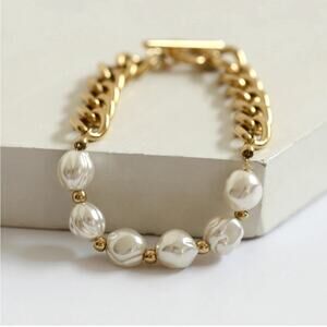 NEW 18K yellow gold pl Cuban chain faux pearl OT buckle bracelet jewelry B25A